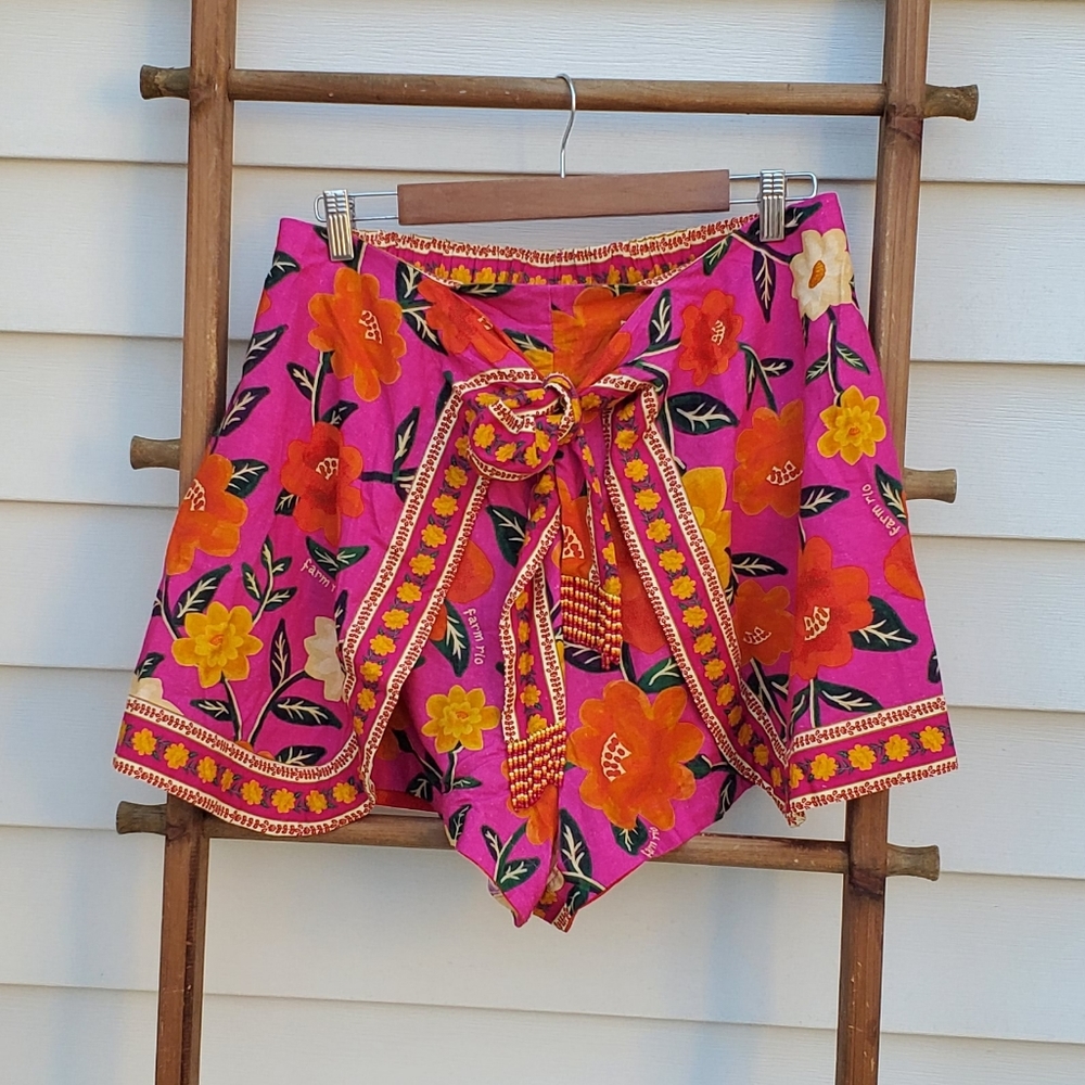 FARM Rio Floral High Waist Shorts in Pink and Orange - Picture 7 of 12